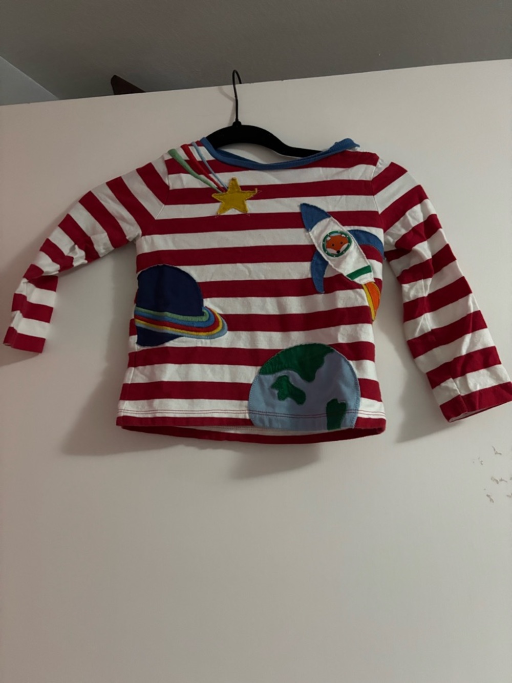 Red & White Striped Space Appliqué Kids Long-Sleeve Top